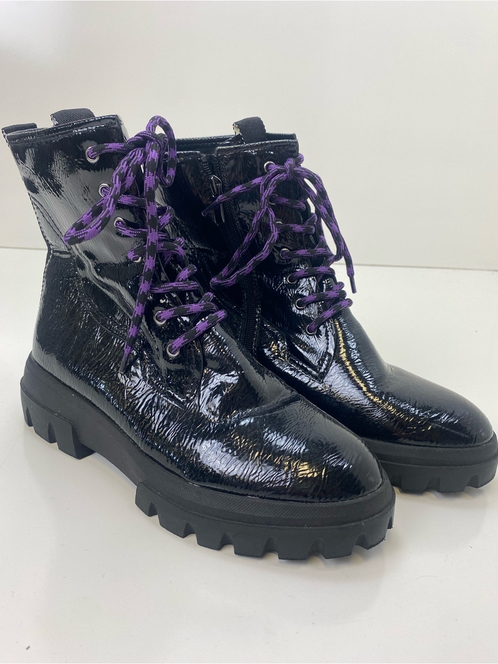 Franco Sarto Black Patent Lace-Up Combat Boots with Purple Laces